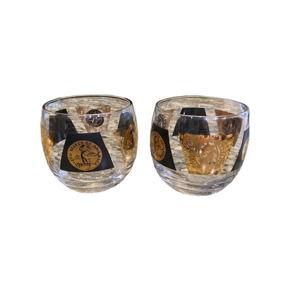 CERA 22KT Gold and Black Coins ROLY POLY GLASSES 1960s Set of 2 Mid-Century700